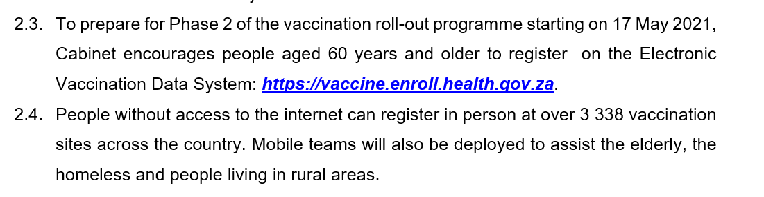 [Thread] 1. Just in from Wednesday's cabinet briefing: * The  #CovidVaccine roll-out is still scheduled to start on May 17. * There are now 3 338 vaccination sites (a list with the names hasn't been released).