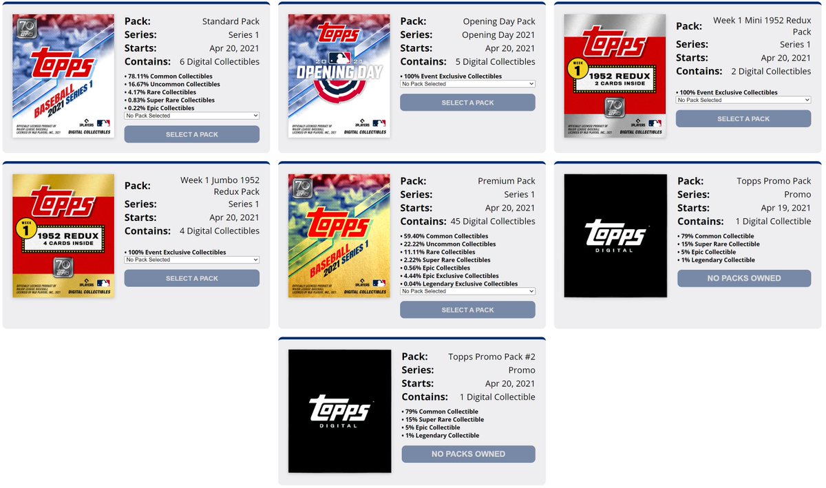 I've since been refunded for the other transactions, this left me with a problem, a pack addiction and not enough packs. There are 7 different packs on  @Topps' site, found here:  https://toppsmlb.com/unpack .The premium are the value packs, 45 cards, following wax trends for packs..