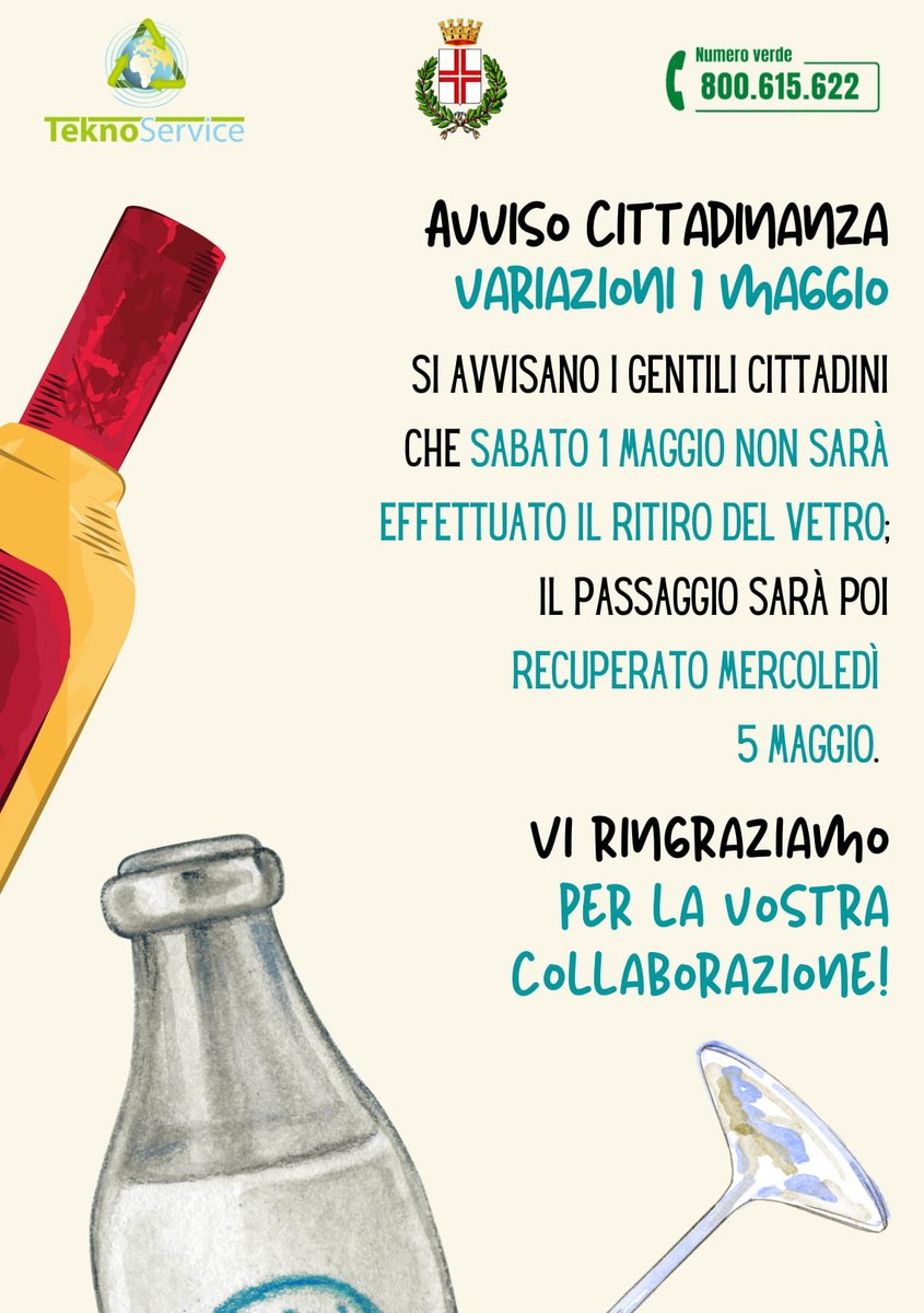 la raccolta vetro di sabato 1° maggio viene posticipata a mercoledì 5 maggio