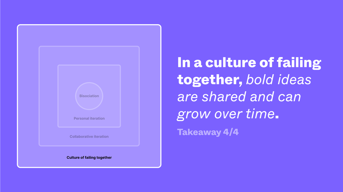But this is not enough! Collaborative iteration and letting others see your earlier work is scary!So for iterating in the open and, especially, for bold ideas to come up, be nurtured, and evolve over time we need to feel comfortable to fail together.