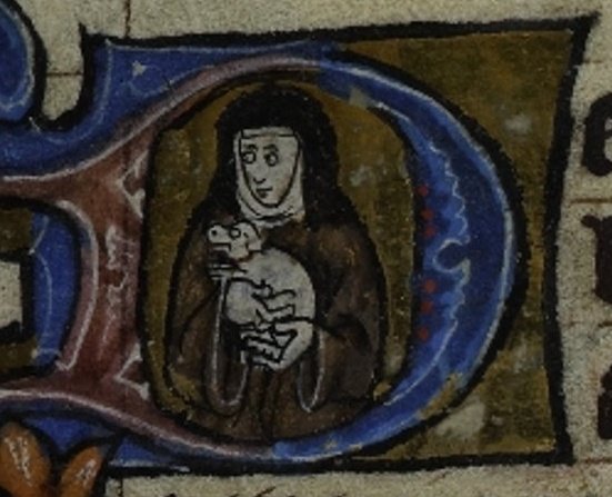 A nun clutches her lapdog in an initial D in an early 14th c. book of Hours (British Library Stowe 17 f. 100r). Medieval nuns were always getting told by ecclesiastical authorities to get rid of their pets. Reader, they didn't...  #NationalPetMonth  #nuntastic