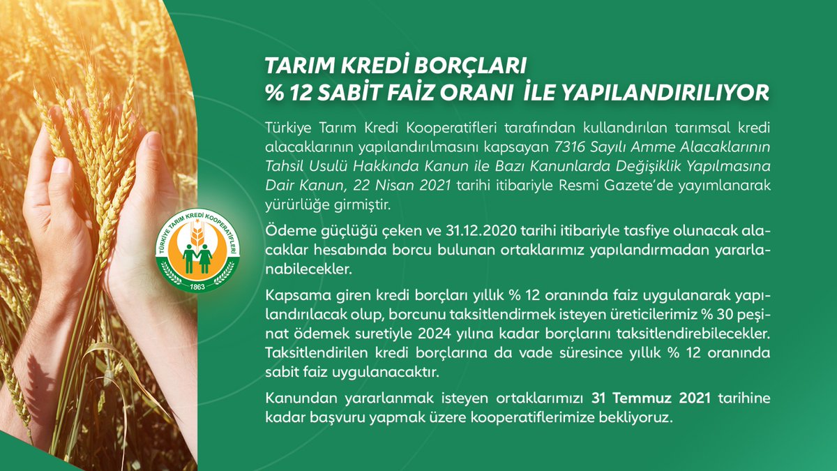 tarimkredi's tweet photo. Ödeme güçlüğü çeken ve 31.12.2020 tarihi itibariyle tasfiye olunacak alacaklar hesabında borcu bulunan ortaklarımızın borçları % 12 sabit faiz oranı ile yapılandırılıyor.

https://t.co/H3kLbzIml5 https://t.co/g5fGBnaPJf