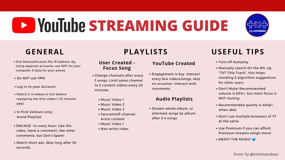 pls get spotify premium and youtube premium a few days before the cb, if you’ve used the free option just create a new acc and use it again, premium accs will help us a lot more specially on youtube pls learn how to make good playlists and how to stream effectively