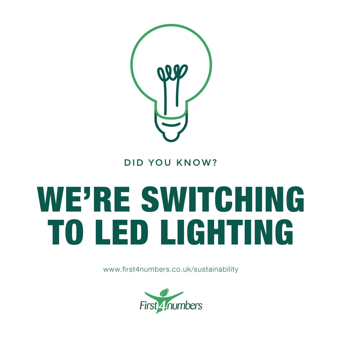 First4Numbers's tweet photo. Did you know? We're switching to LED lighting. We’re working our way through the building replacing all of our old bulbs for brighter, more energy efficient LED light bulbs. Find out more - https://t.co/rZQxAABMnZ 

#makingresponsiblechange https://t.co/cryEcuNuXo