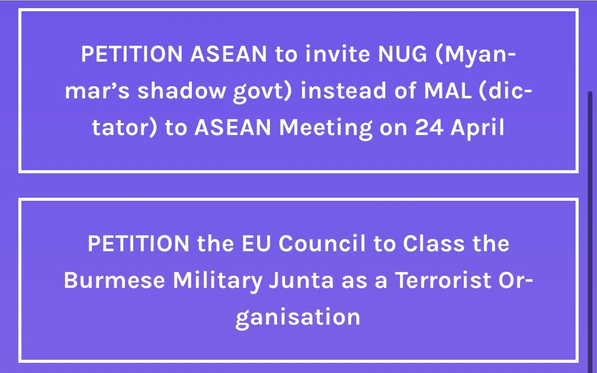 Sign some petitions! There’s a whole list of them here, and I know it’s easy to think “what’s the point” but your voice does matter, I promise! https://linktr.ee/meemalee I’ll highlight some specific ones too! #WhatsHappeningInMyanmar  #myanmar