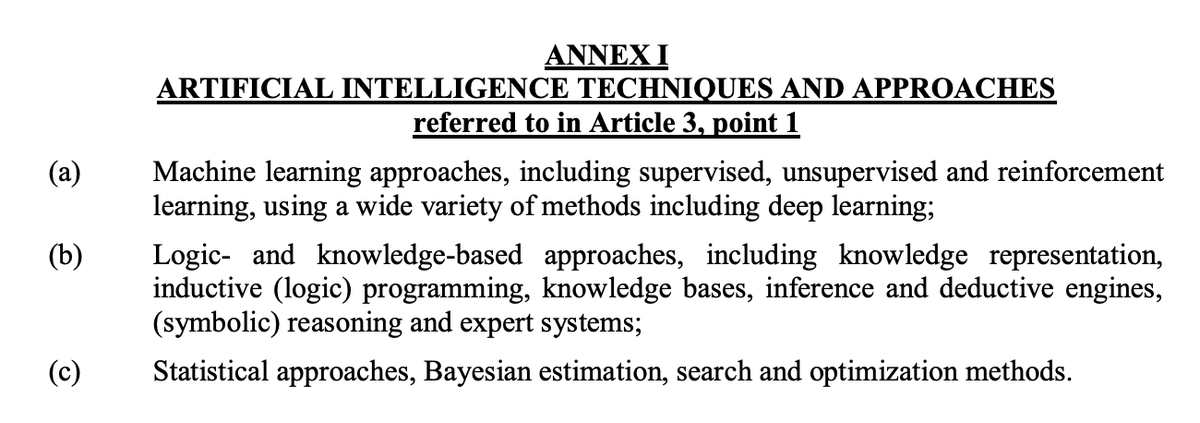 First, what is considered AI in this law proposal? Is linear regression AI? AI is defined in Title I & Annex I. My understanding here is that even a simple linear regression model (technically, a "statistical approach" to "supervised learning") would be considered AI. /2