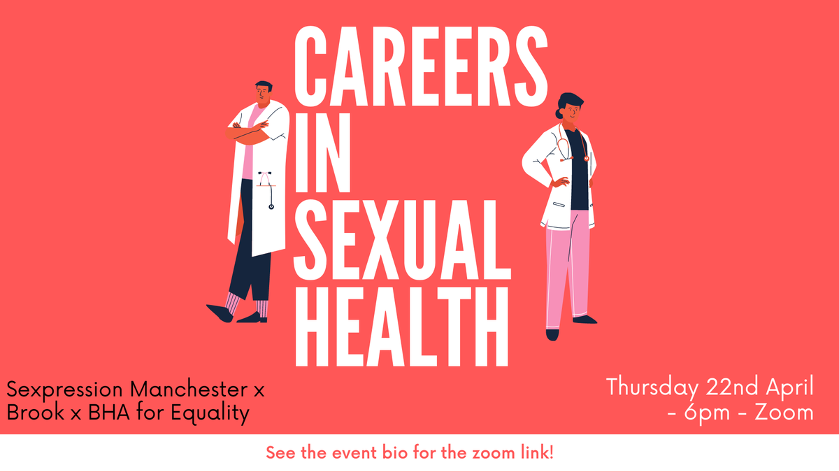 SexpressionMCR's tweet photo. Careers in Sexual Health Event! 
Join Sexpression Manchester in a discussion with industry experts from @BrookCharity @the_BHA The event is open to all and ideal for students and graduates thinking about working in the sexual health field. Zoom link here: https://t.co/dWsdh0tOkN https://t.co/kO5CeCUYtC