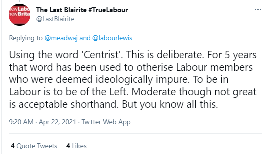 The 'Centrist is a slur!' thing is hilarious, but as with 'TERF is a slur!' it is both true and THE ACTUAL POINT. Like many on the left, I use 'centrist' to mean 'despicable neoliberal sell-out.' If we used 'moderate' in that way instead, it would quickly come to mean the same.