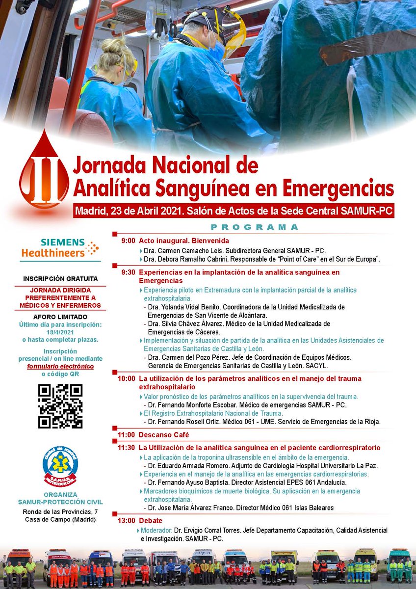 España | Mañana tendrá lugar en la sede central de @SAMUR_PC la II Jornada Nacional de Analítica Sanguínea en #Emergencias, patrocinada por #SiemensHealthineers y en la que se abordará el uso de la #AnalíticaSanguínea en el ámbito de la emergencia extrahospitalaria @MADRID