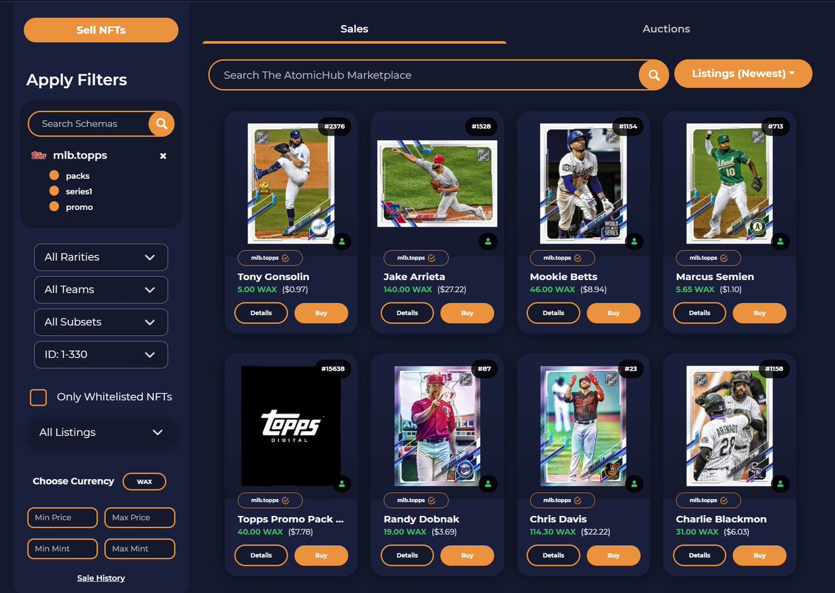 So unlike  @opensea's  #ETH monopoly and the  @nbatopshot internal in-house market, there are a number of places to list your Cards, most of which are linked directly on the site. The main link sends you to  @AtomicHub here:  https://wax.atomichub.io/market?collection_name=mlb.topps.Do these sites share listings?