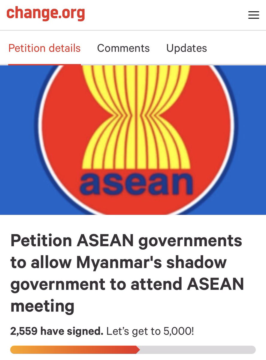 Tweet  @ASEAN and sign this petition asking them to acknowledge and invite  @NUGMyanmar to the ASEAN summit on 24th, rather than the chief warmonger Min Aung Hlaing! https://www.change.org/p/asean-governments-petition-asean-governments-to-allow-myanmar-s-shadow-government-to-attend-asean-meeting?recruiter=95961595&utm_source=share_petition&utm_medium=twitter&utm_campaign=psf_combo_share_abi&utm_term=share_petition&rec #WhatsHappeningInMyanmar  #Myanmar