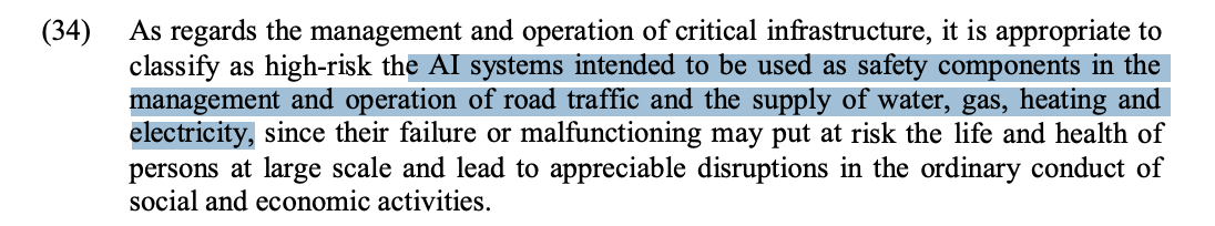 High-risk systems also include infrastructure management systems. That is, AI systems used in traffic control or the supply of utilities (water, electricity, gas). /5