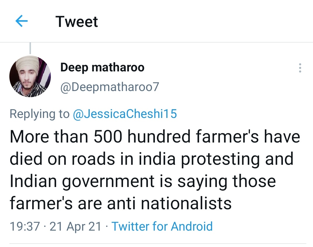 Since November 2020, over 500 farmers have died from the harsh conditions they have been living in, from suicides and being killed on the roads. The Modi government are declaring them anti-nationalists.