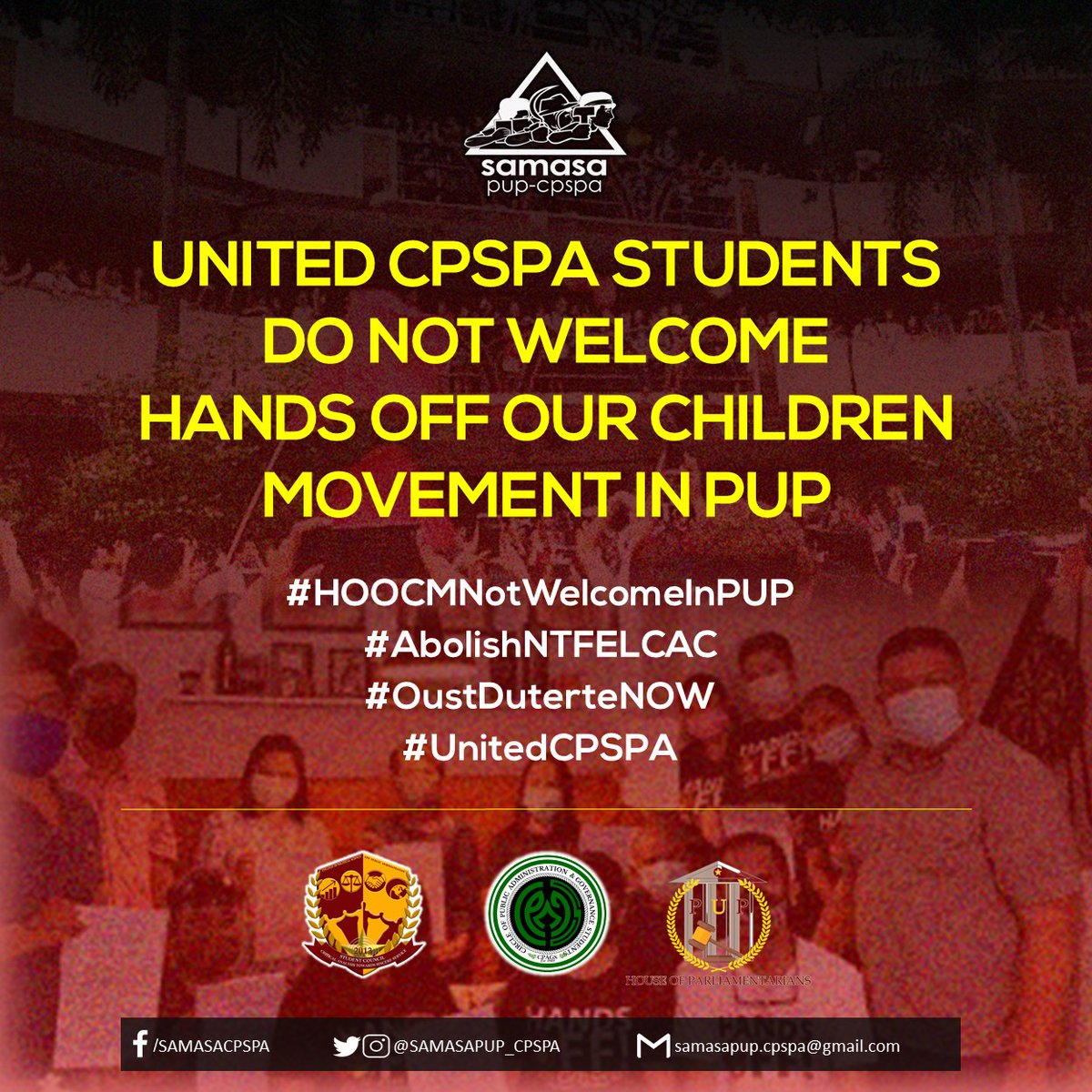 samasapup_cpspa's tweet photo. UNITED CPSPA STUDENTS DO NOT WELCOME HANDS OFF OUR CHILDREN MOVEMENT IN PUP
Read our full statement: https://t.co/04uZ7aIRX5
#HOOCNotWelcomeInPUP
#AbolishNTFELCAC
#OustDuterteNOW
#UnitedCPSPA https://t.co/7T0I8WHlJh