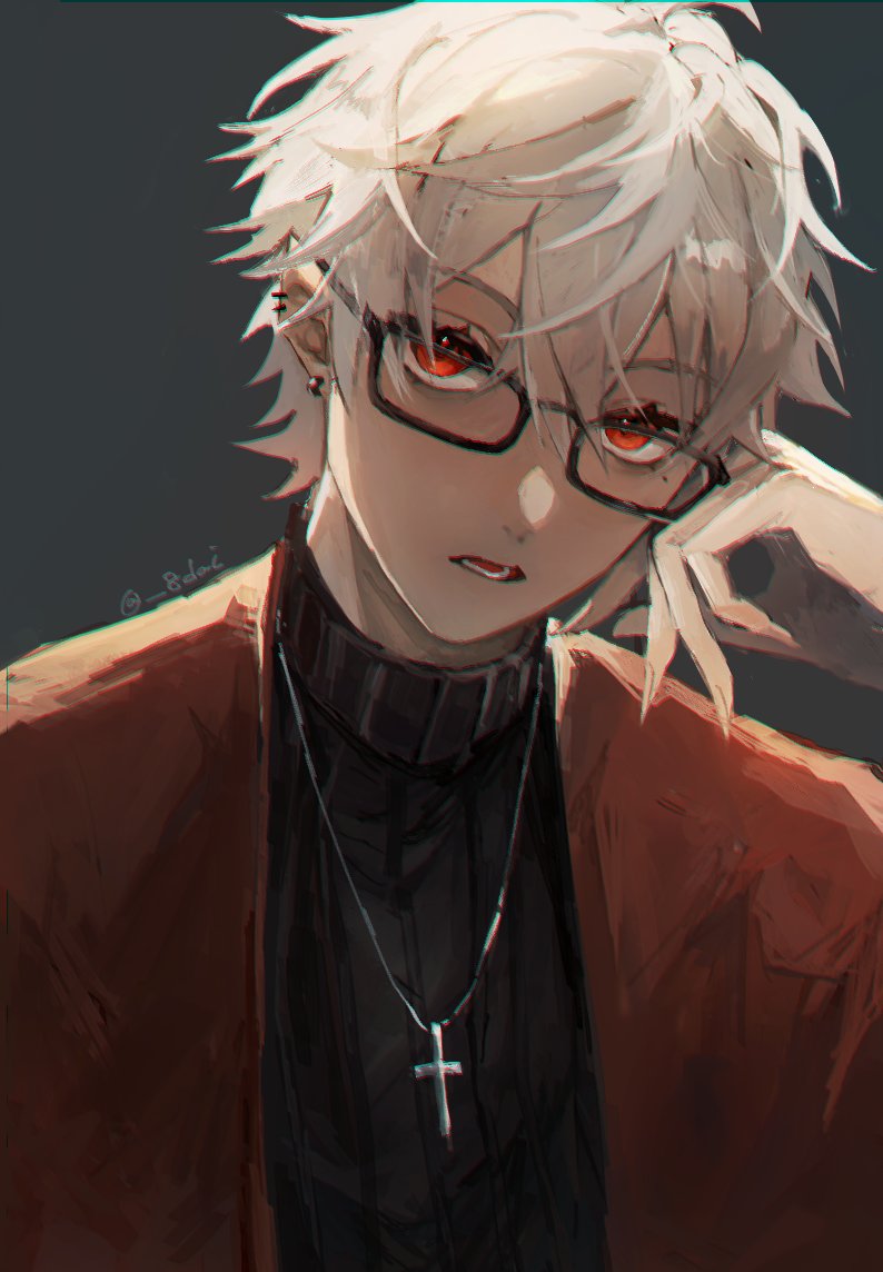 kuzuha (nijisanji) 1boy male focus jewelry red eyes solo black-framed eyewear glasses  illustration images