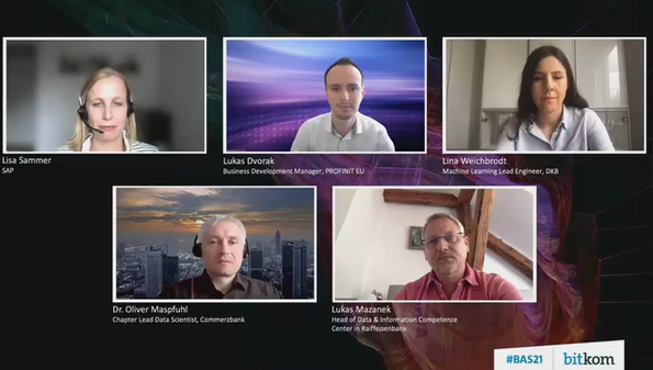 Bitkom_AI_Data's tweet photo. How data science can transform banks? Time to realize the value! Using data science in the banking industry is more than a trend, it has become a true business discipline. We welcome @SAP, @Profinit_EU, Raiffeisenbank, @DKB and @commerzbank. #AI #BAS21 https://t.co/MPdxPgyTNq