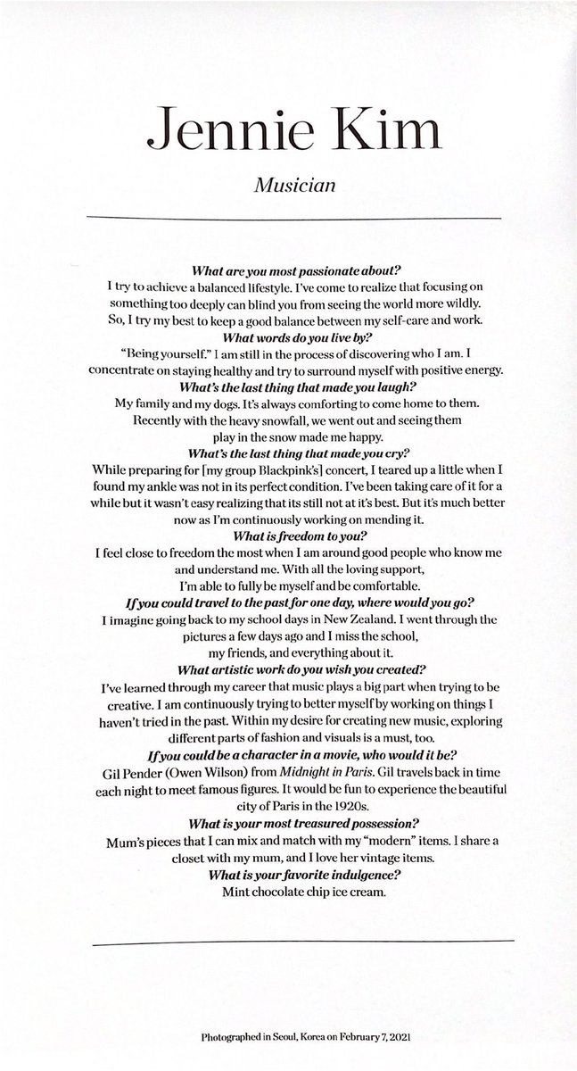 Q : ร้องไห้ครั้งล่าสุดเมื่อไหร่? 
#JENNIE : ตอนเตรียมคอนเสิร์ตล่าสุดของบพ ฉันพบว่าข้อเท้าของฉันอาการยังไม่ได้หายสนิท ทั้งๆที่ฉันพยายามดูแลมันมาเป็นอย่างดี 😭😭😭😭😭😭😭😭