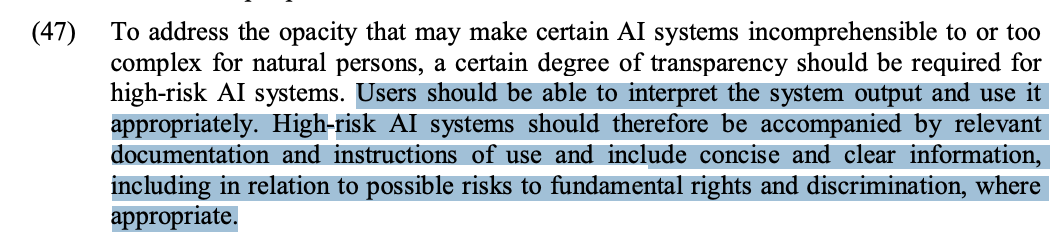 A lot of it involves regulating inputs (e.g. data) and providing documentation & disclosures. E.g. systems should be developed and designed in a way that natural persons can oversee their functioning. Systems should provide documentation and disclaimers. Etc. /9