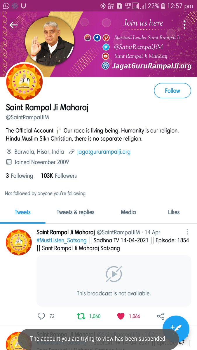 Dipak_DP1's tweet photo. Do you know that the great man whose ID you have suspended has saved millions of people from death.
Please request that all its id be restored soon.
@SaintRampalJiM  @SatlokChannel 

@TwitterIndia 
@TwitterSupport https://t.co/SI7JSCh2j0