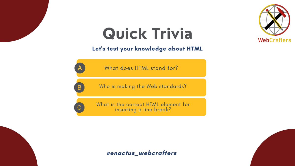 Here's a quick trivia about HTML to keep you engaged. 
Let us know the answers in the comments' section below. 
Tag a friend as well 🔥
.
.
.
#Coding #Codinglife #HTML #CSS #jQuery #WebDesign #Webdevelopment #QuickTrivia