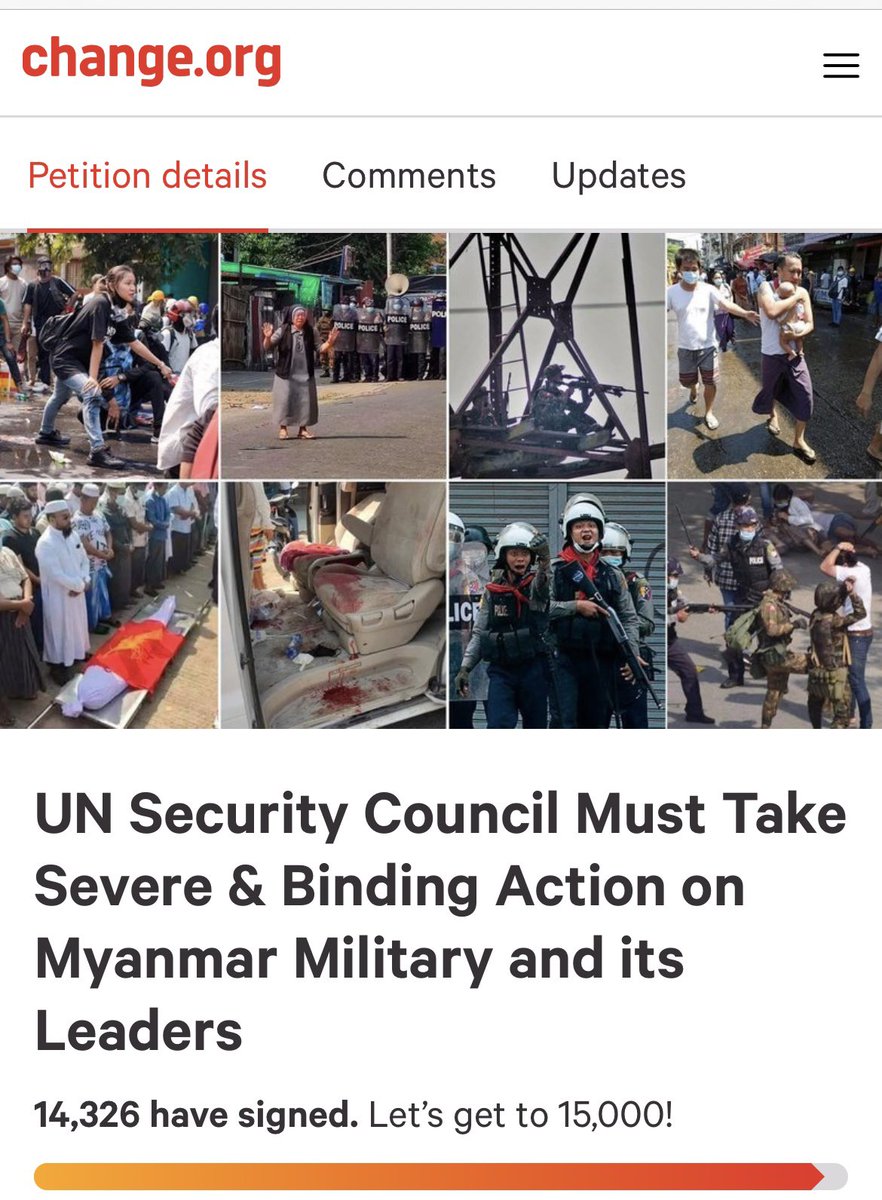 Last petition: please ask the  @UN Security Council to *do* something beyond offering thoughts and prayers.  https://www.change.org/p/united-nations-security-council-un-security-council-must-take-severe-binding-action-on-myanmar-military-and-its-leaders?recruiter=false&utm_source=share_petition&utm_medium=twitter&utm_campaign=psf_combo_share_initial&utm_term=pet #WhatsHappeningInMyanmar  #Myanmar