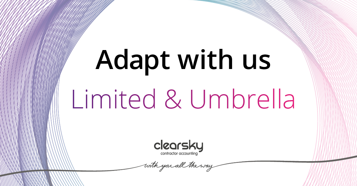 New assignment and new IR35 status? 

Adapt with ClearSky, our packages allow you to seamlessly switch between Ltd Company and margin-free Umbrella employment. 

Check out how we’re with you all the way here: bit.ly/3pR9HkV

#IR35 #UmbrellaEmployment