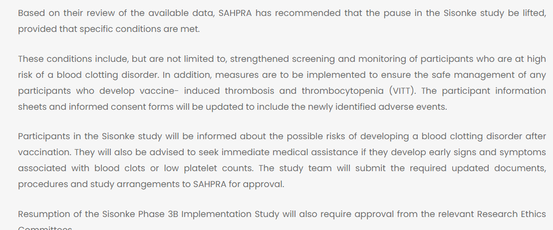 3. What do we know? Sahpra has recommended that the Sisonke trial (it uses J&J jabs) should resume. But before that can happen, Sahpra has to approve new docs submitted by the researchers (the study has to adhere to new rules set by Sahpra, e.g. better screening for blood clots).