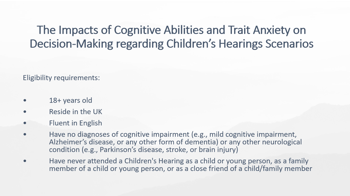 Looking for volunteers to participate in my @UOSPsychology MSc research on cognitive abilities and trait anxiety on decision-making of Children's Panel scenarios! Please see link to take part: hass.eu.qualtrics.com/jfe/form/SV_bN… @LNichollsStrath @HaSSGradSchool @CHScotland @strath_psh