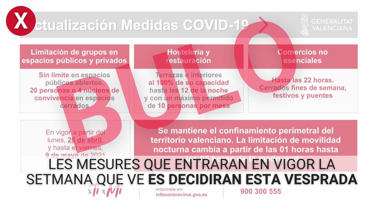 generalitat's tweet image. ⚠️ ATENCIÓ⚠️ 

 '𝗕𝗨𝗟𝗢' respecte a les Mesures #COVID19 ❗

🔴 La Generalitat comunicarà les noves mesures a partir d'esta vesprada i una vegada celebrada la reunió de la Mesa Interdepartamental 🔴

🔎✅ Verifica SEMPRE la informació pels canals oficials 

🚫 #StopBulos