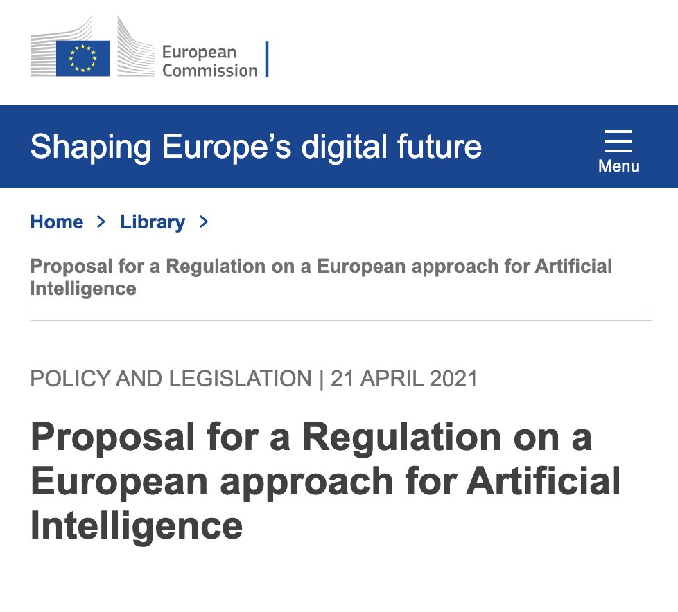 The EU just published an extensive proposal to regulate AI (100+ pages). What does it says? What does it mean? Here, a short explainer on some key aspects of this proposal to regulate AI. /1   #AIandEdu  #AI  https://digital-strategy.ec.europa.eu/en/library/proposal-regulation-european-approach-artificial-intelligence