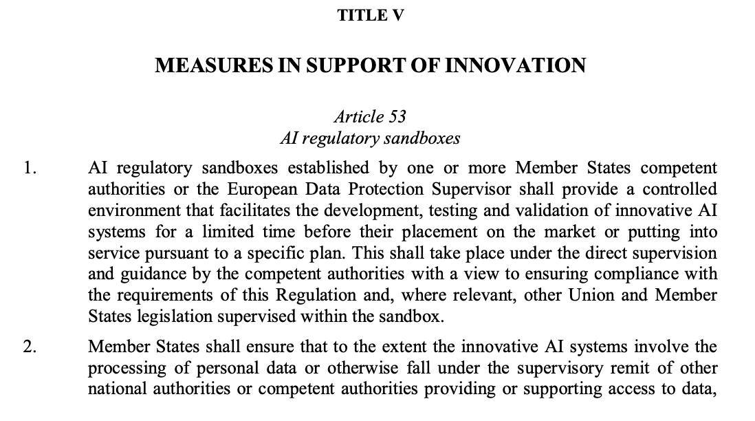 But the law also provides the opportunity to test and develop systems within regulatory sandboxes. Think of a "clinical trail" phase for the development of AI. Small scale providers would have priority access to these sandboxes. /13