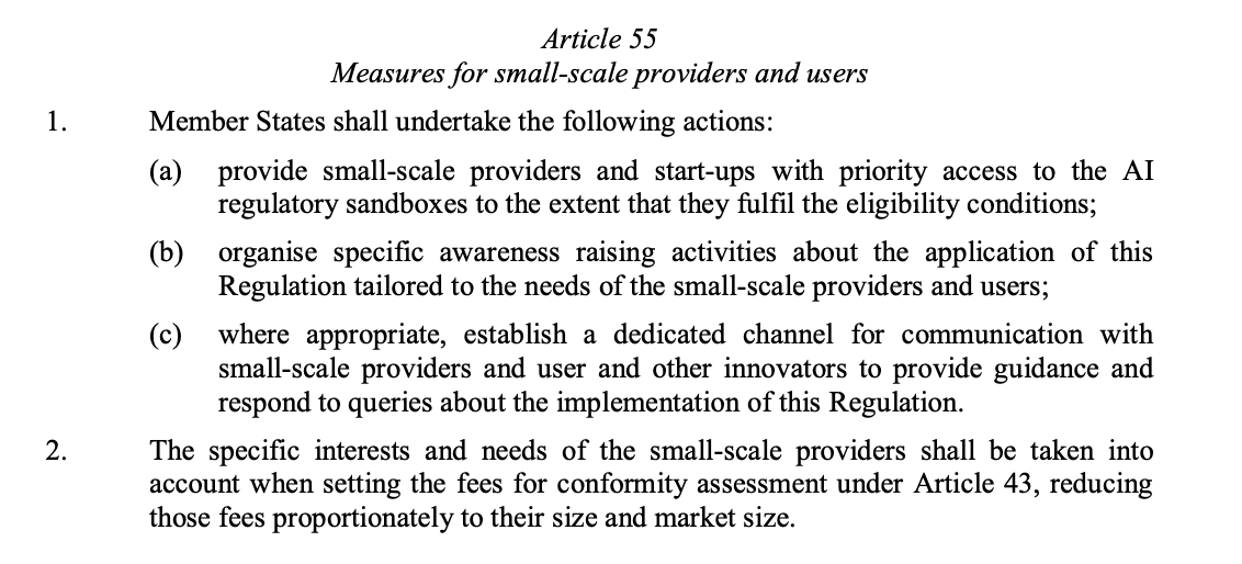 But the law also provides the opportunity to test and develop systems within regulatory sandboxes. Think of a "clinical trail" phase for the development of AI. Small scale providers would have priority access to these sandboxes. /13