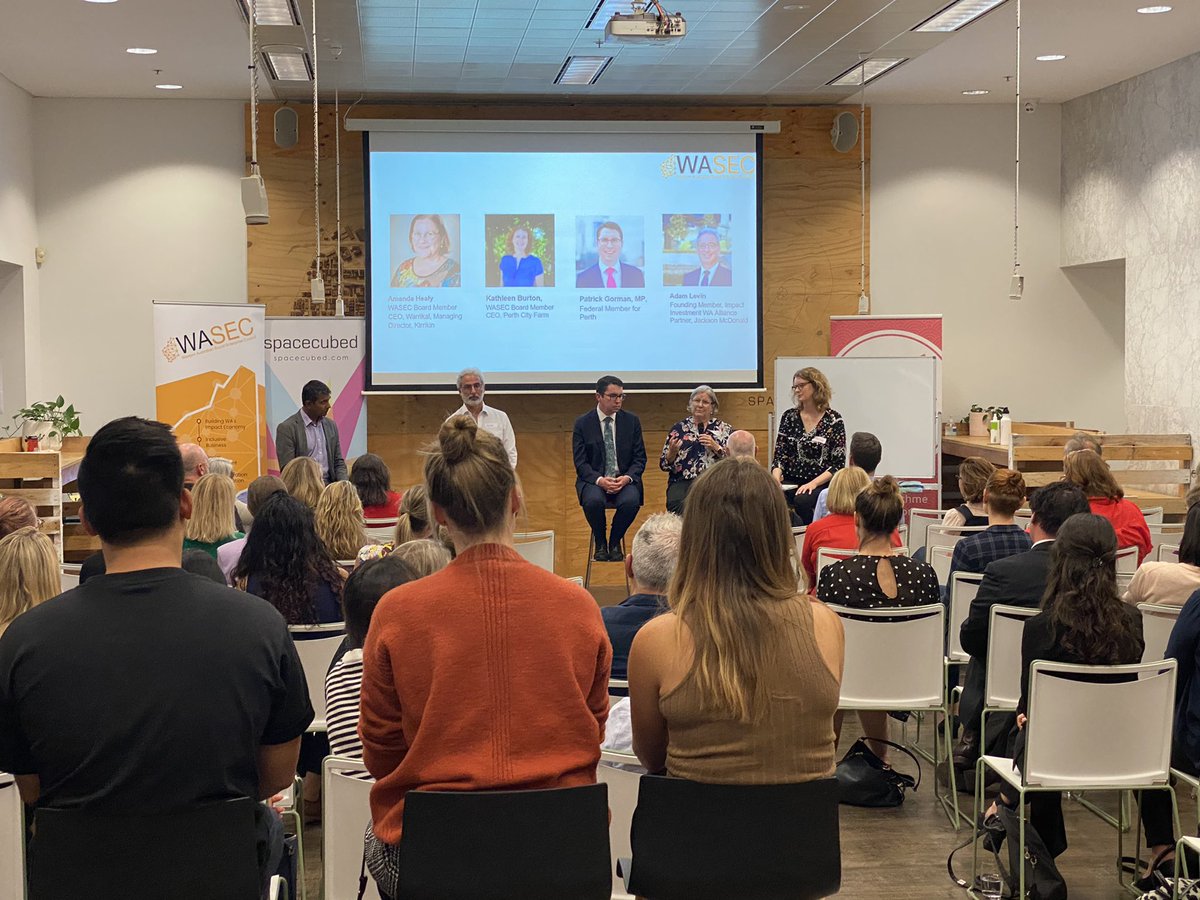 We have some great social enterprises in WA. Two are on the <a href="/SocEntWA/">WASEC (WA Social Enterprise Council)</a> panel tonight with Amanda Healey (Kirrikin) &amp; Kathleen Burton Perth City Farm along with a major leader of #impactinvesting in Adam Levin. So good to see so many old hands in the #socent space in the audience