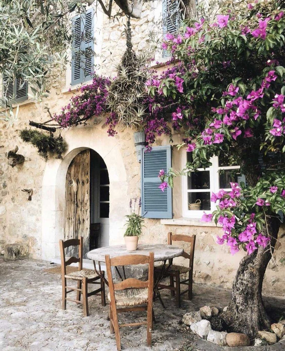 The sights of Moscari in the Balearic Islands of Spain – we’re loving the blue shutters and florals 🌺 Image via Haus Decoracion