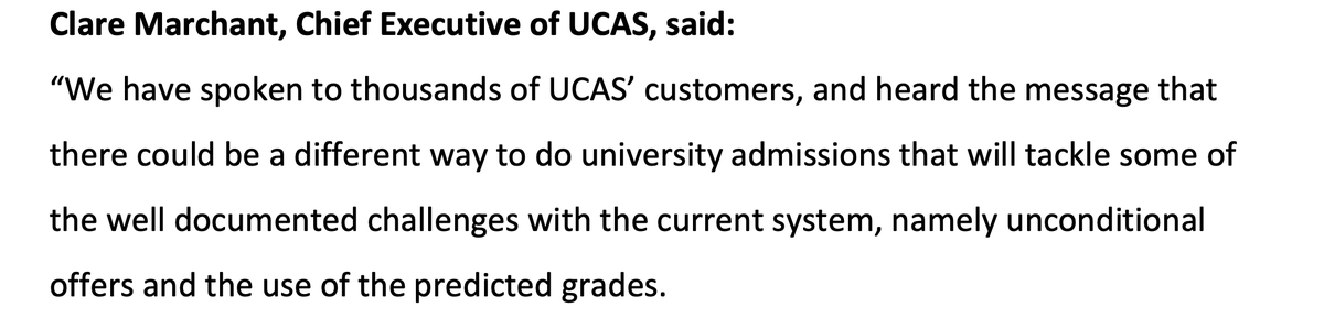 In the accompanying press release  @clareucas cites "unconditional offers and the use of the predicted grades" as the two "well documented challenges with the current system".So, presumably, UCAS's proposed PQO-style reform solves these challenges?3/26