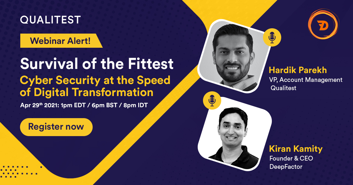 #Webinar Alert!
Join <a href="/HRParekh/">Hardik Parekh</a>, VP Account Management at Qualitest and <a href="/kirankamity/">Kiran Kamity</a>, Founder &amp; CEO of @DeepFactor_inc, to discuss AppSec in an #Agile/#DevOps environment and ensure security at all stages of your #SDLC. 
Register now bit.ly/3ei7SsK
#CyberSecurity