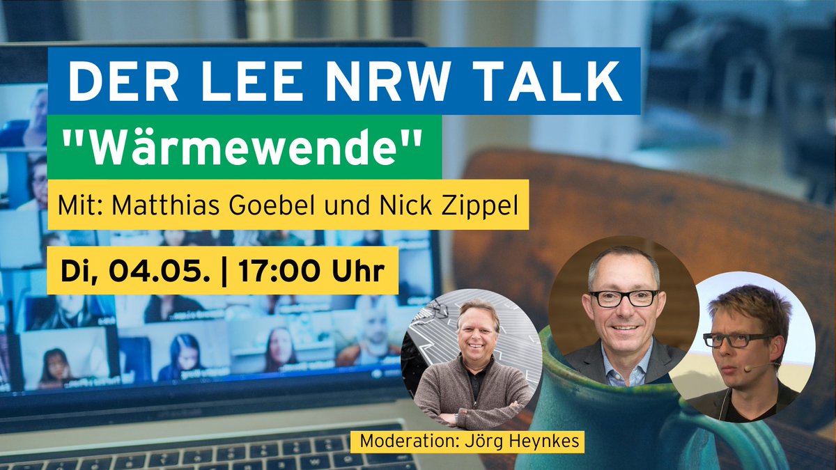 Am 4. Mai um 17.00 Uhr geht es beim dritten "LEE NRW TALK" um die "Wärmewende". Ich freue mich sehr auf den Hamburger Unternehmer Nick Zippel und Matthias Göbel von Stiebel Eltron.
Ihr dürft Euch gerne hier kostenfrei anmelden und dann dabei sein.
lee-nrw.de/termine/lee-nr…