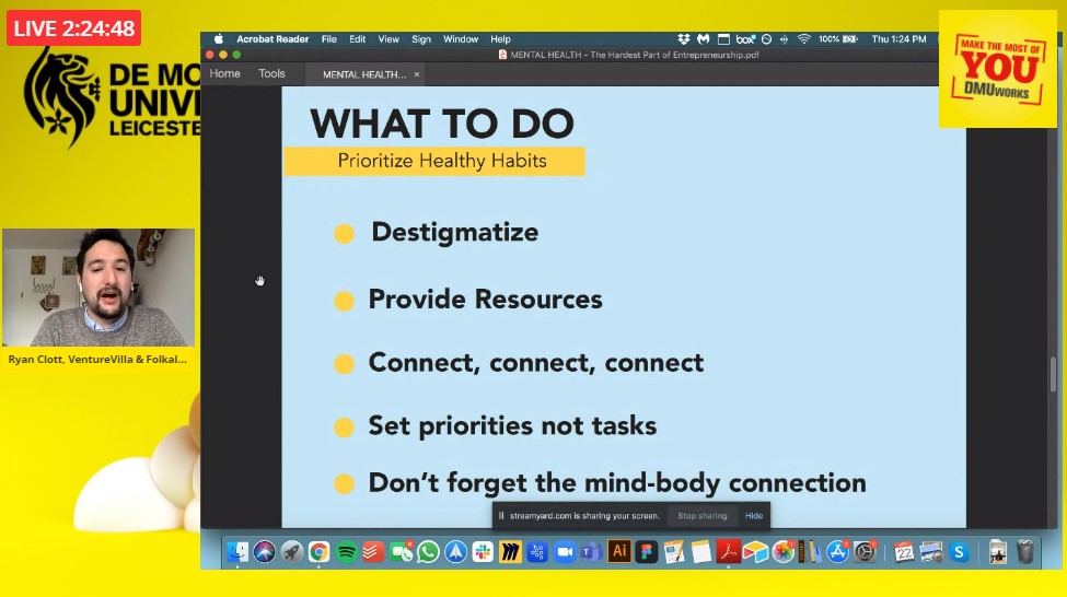 A transparent and frank talk from Ryan Clott about mental health and entrepreneurship, discussing his own experience with GAD and burnout. Putting emphasis on the importance of entrepreneurs looking after themselves and their mind. 

Prioritise healthy habits. Be kind to yourself