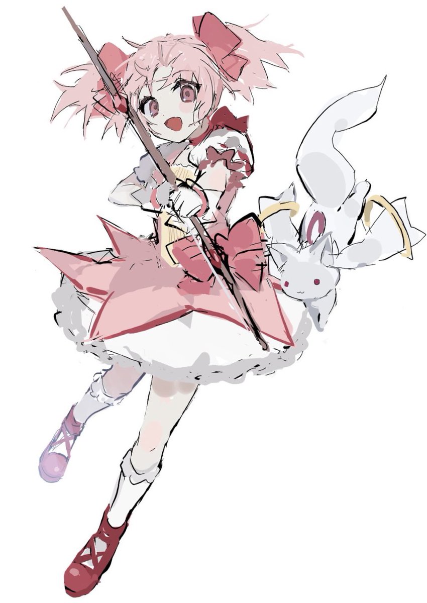 kaname madoka ,kyubey 1girl pink hair bow (weapon) twintails pink eyes weapon gloves  illustration images