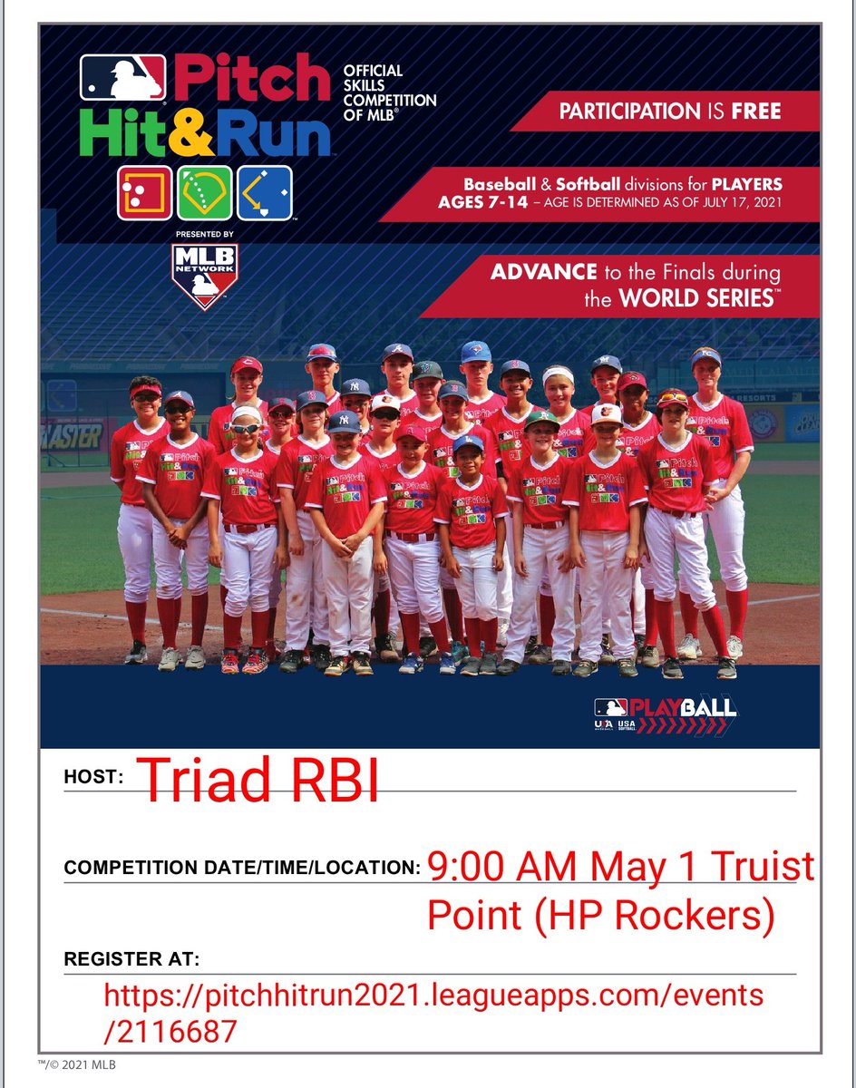 MLB Pitch, Hit &amp; Run
May 1 at <a href="/RockersBaseball/">High Point Rockers</a> 

Register online
pitchhitrun2021.leagueapps.com/events/2116687