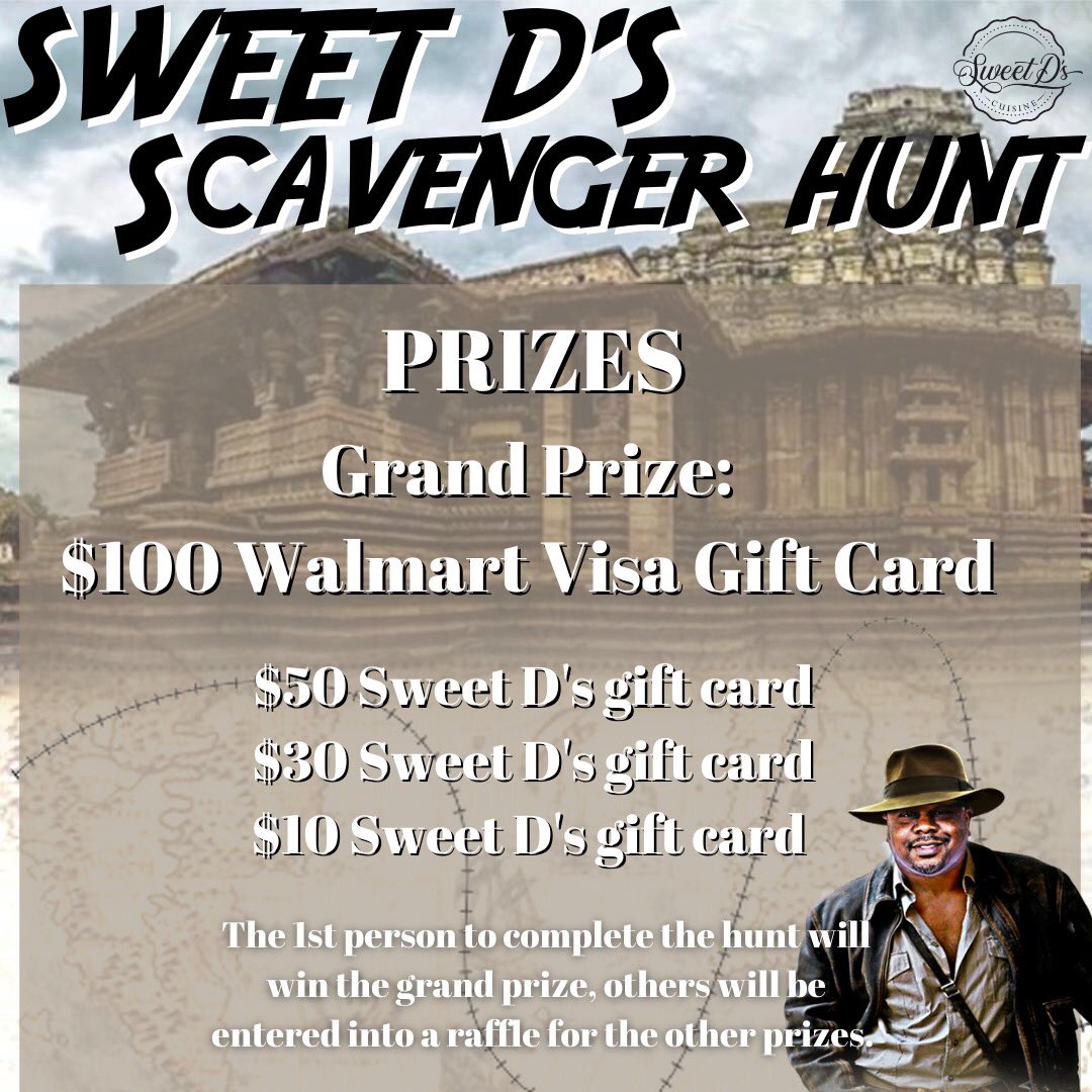 cuisine_sweet's tweet photo. We’re so excited about Saturday!! 

🚨Here are the prizes!! 🚨 

The 1st person to complete the hunt will win the grand prize, others will be entered into a raffle for the other prizes

Whose going to win??

Like, share and comment below!!

#scavengerhunt #shoplocal #supportlocal https://t.co/Z7uZRkUuCu