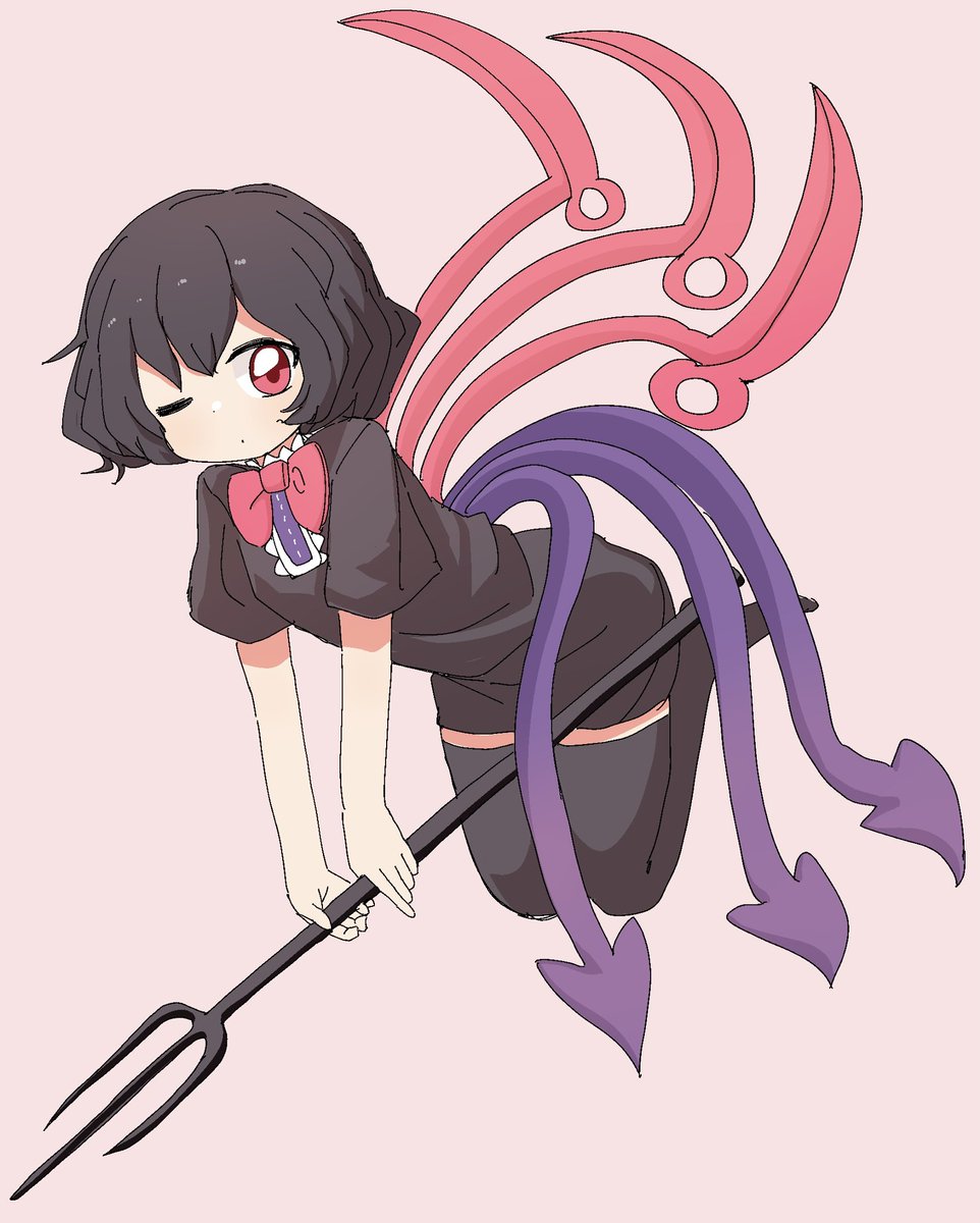 houjuu nue 1girl solo wings black hair thighhighs red eyes one eye closed  illustration images