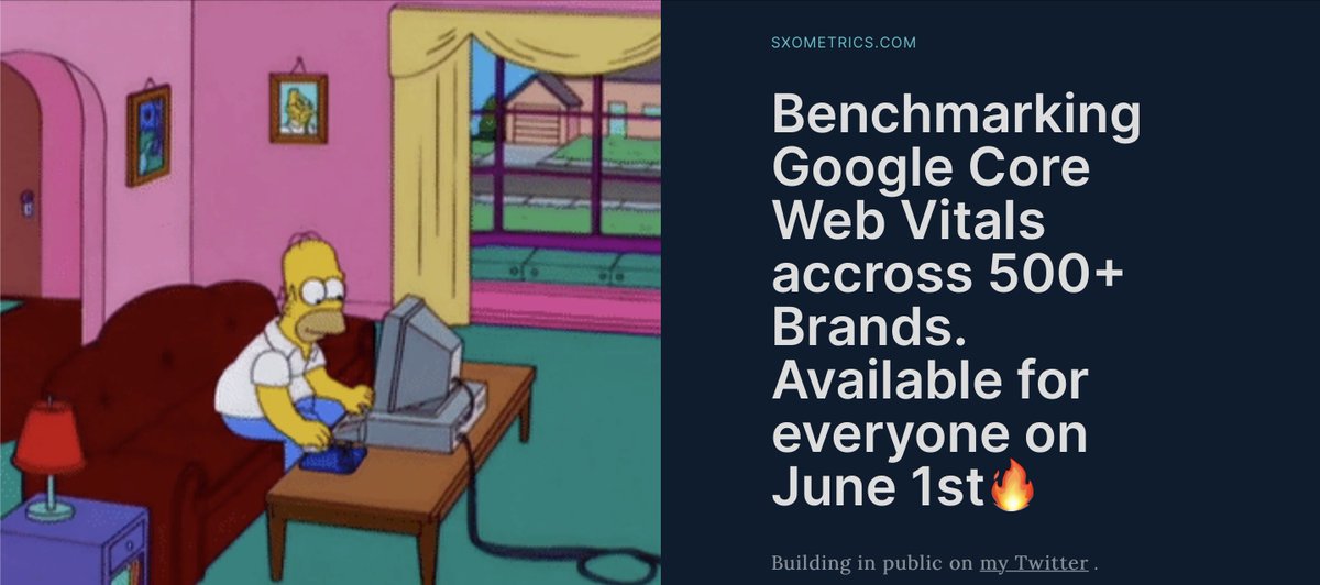 Building a new side-project in public: SXOmetrics.com 💫

The product: Benchmarking Google Core Web Vitals across 500+ Brands 🔥
The tagline: "Monitoring your industry Core Web Vitals does not need to be hard" 👨‍💻
Release date: Available for everyone on June 2021 ⏰ 
#SEO