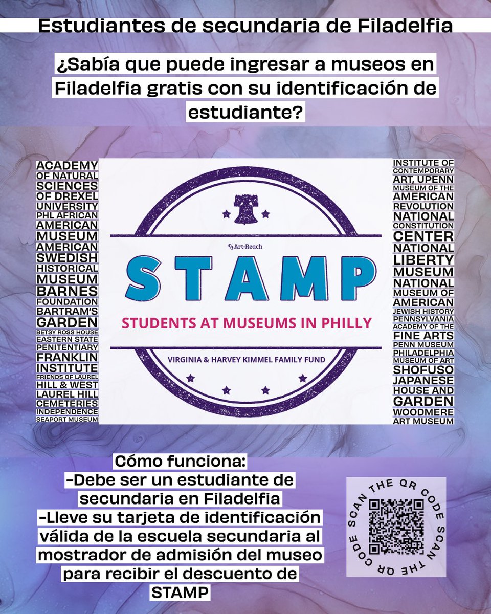 ¿Sabías que puedes traer tu identificación de estudiante de secundaria y entrar a museos gratis? #STAMP te permite visitar los mejores museos, jardines y sitios históricos de Filadelfia, GRATIS, con tu identificación de estudiante válida. #ArtReach