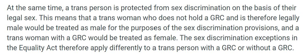 #QuestionsForHarvie  @patrickharvie Is a transwoman a woman in law? When considering the protected characteristic of sex, birth sex is what is considered (and in *some* circumstances legal sex) , so the answer is no  #HarvieHatesWomen https://www.equalityhumanrights.com/en/our-work/news/our-statement-sex-and-gender-reassignment-legal-protections-and-language
