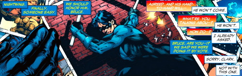 Dick grew up fighting alongside heroes like Clark and Diana. That time they were so eager for Nightwing to join the JL but Dick had already refused Bruce.