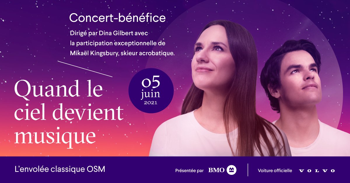 L’envolée classique OSM revient pour une 2e édition : Quand le ciel devient musique! Plusieurs notes de musique Avec la cheffe <a href="/Dina_Gilbert/">Dina Gilbert</a> et la participation du skieur acrobatique <a href="/MikaelKingsbury/">Mikael Kingsbury</a>. Au programme : Mozart, Brahms, Dvorak... RDV le 5 juin! bit.ly/2VS24xR
