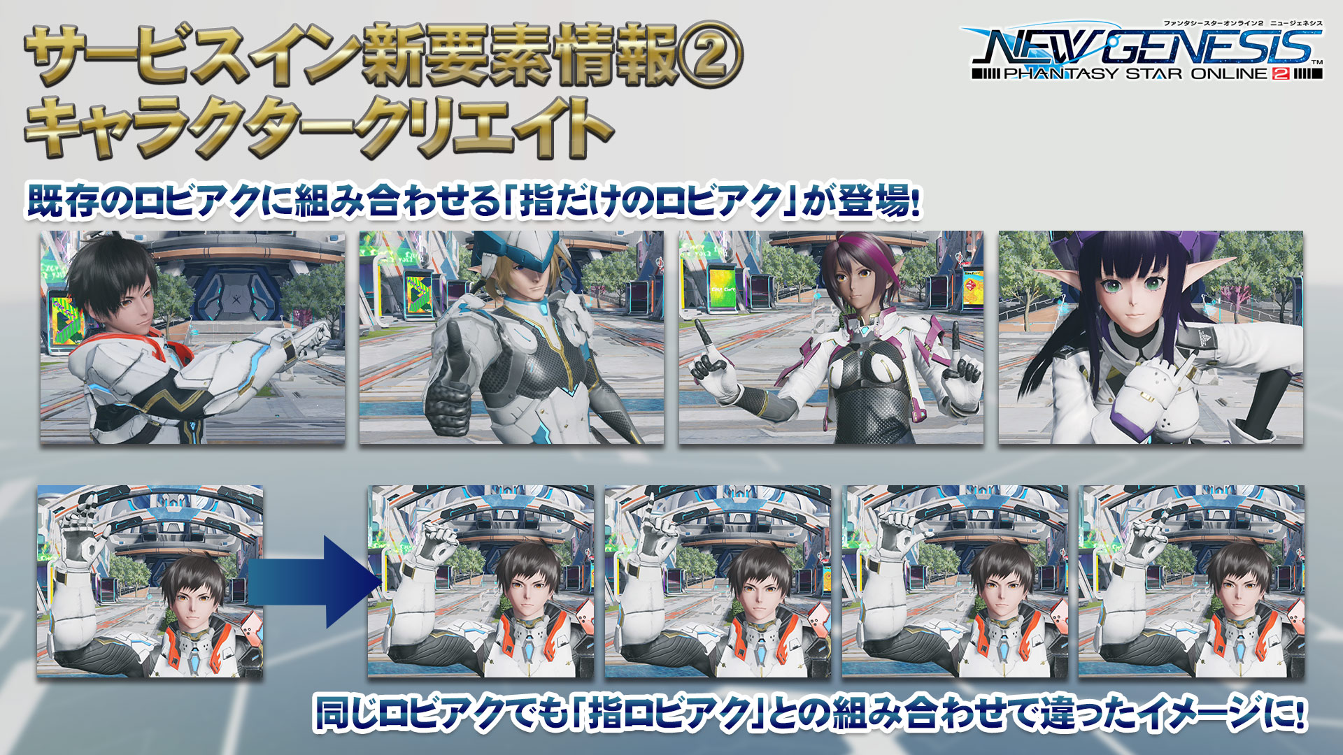 Phantasystaronline2 在 Twitter 上 Pso2 Ngs 特番放送中 サービスイン時に導入される キャラクリ 新要素情報 デフォルトキャラにキャスト2体追加 装飾部位のon Off機能 既存ロビアクと組み合わせ可能な 指だけロビアク 表情パターンのカスタマイズなど