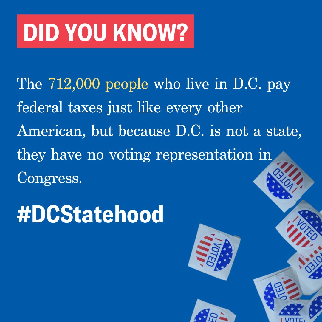 Did you know? The 712,000 people who live in D.C. pay federal taxes just like every other American, but because D.C. is not a state, they have no voting representation in Congress.