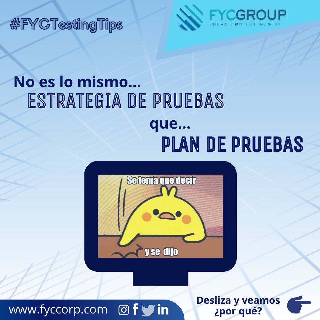 fycgroup's tweet image. 🐞No te pierdas nuestros #FYCTestingTips🐞
🔎No es lo mismo estrategia de pruebas que plan de pruebas...🤔 📝 Míralo aquí 
bit.ly/3dHu0xW

#SoftwareTesters #PruebasdeSoftware #DesarrollodeSistemas #ISTQB #CalidaddeSoftware #TestingTips #QATesters #STLC #TestingdeSoftware